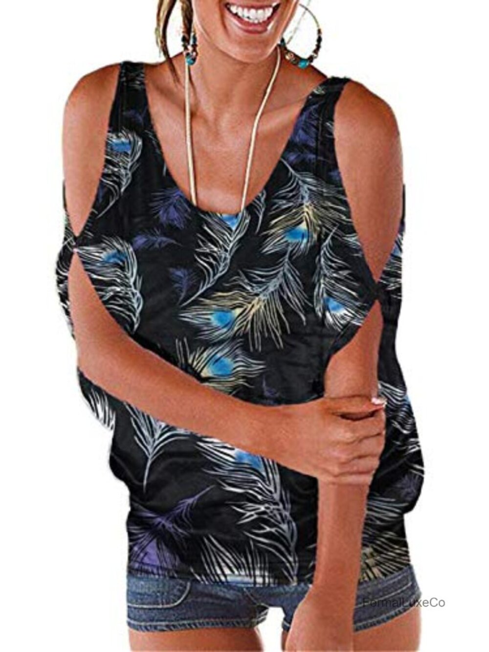 Women's Cold Shoulder Short Sleeve Blouse Ruffled Cut Out Lightweight Casual